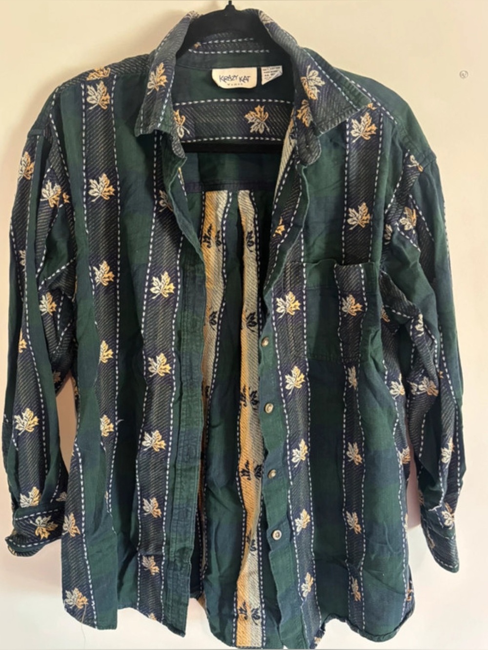 Vintage Krazy Kat Woven Autumn Leaf Ikat Stripe Button Down Shirt Green 14/16